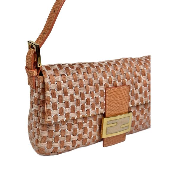 Fendi Vintage Peach Orange Woven Beaded Baguette w Quartz Logo & Crocodile Trim - Picture 4 of 8